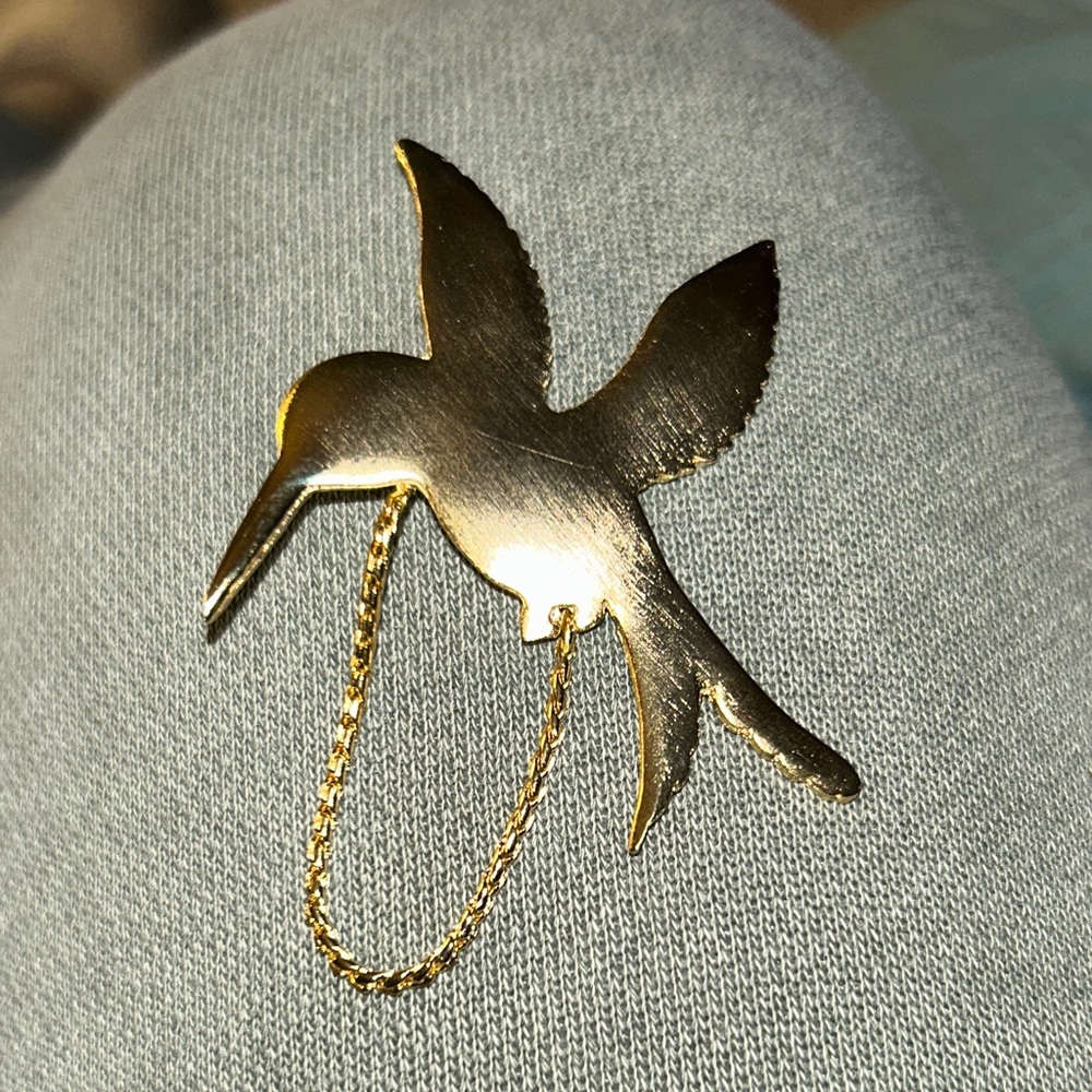 Gold Hummingbird Brooch with Chain